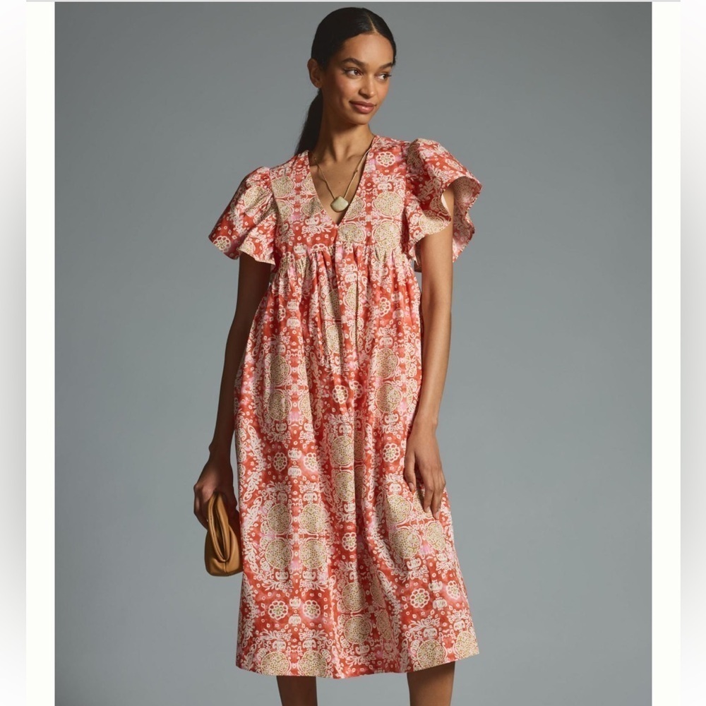 Anthropologie Maeve Printed Flutter-Sleeve Babydoll Dress - Small